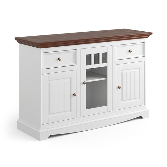 Belluno Elegante Massivholz Sideboard mit Glastür Weiß / Walnuss