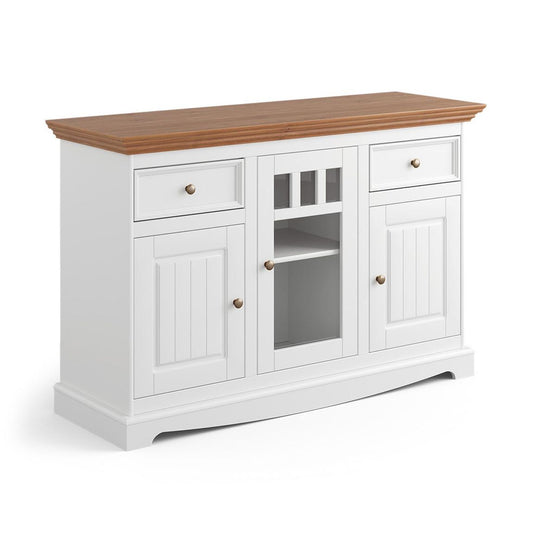 Belluno Elegante Massivholz Sideboard mit Glastür Weiß / Eiche