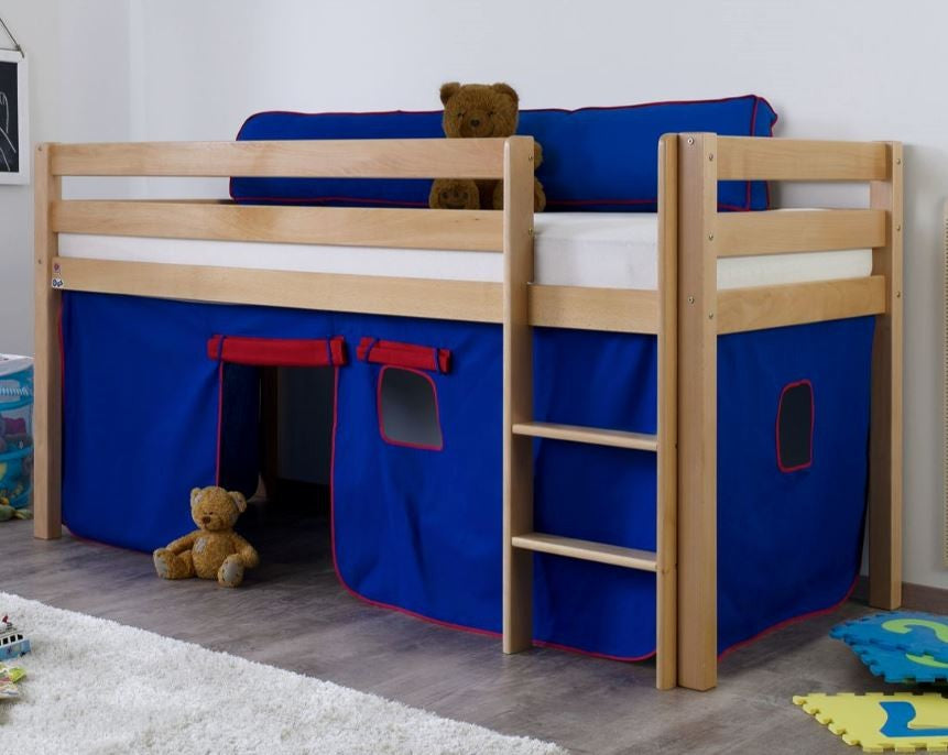 Hochbett ALEX Kinderbett Spielbett Bett Natur Stoffset Blau/Rot - Froschkönig24