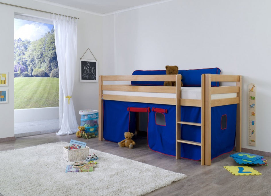 Hochbett ALEX Kinderbett Spielbett Bett Natur Stoffset Blau/Rot - Froschkönig24