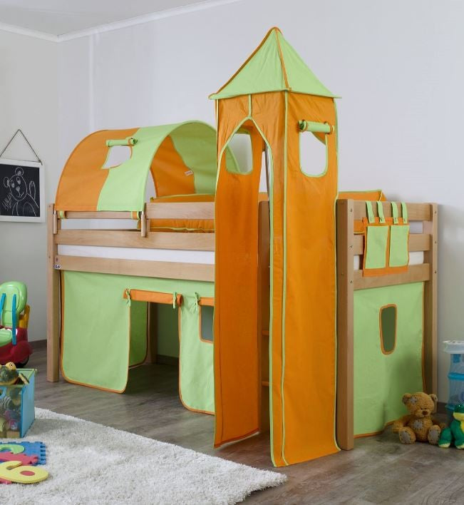 Hochbett ALEX Kinderbett Spielbett Bett Natur Stoffset Grün/Orange - Froschkönig24