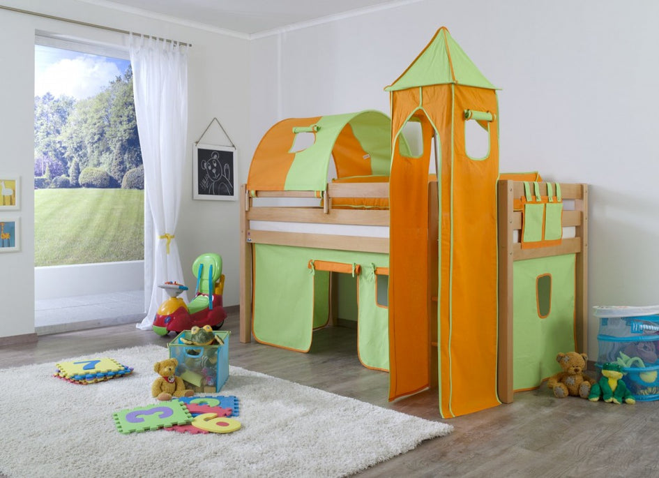 Hochbett ALEX Kinderbett Spielbett Bett Natur Stoffset Grün/Orange - Froschkönig24