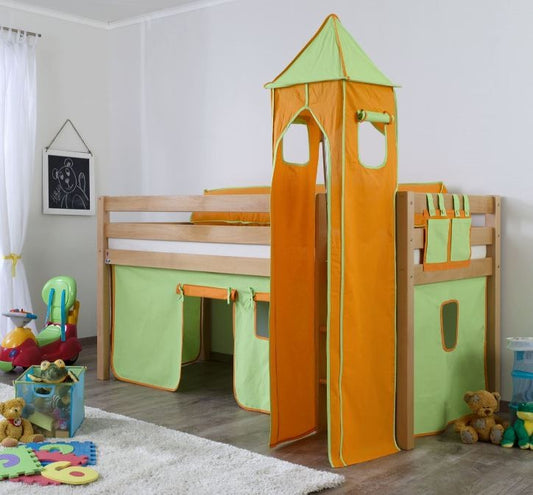 Hochbett ALEX Kinderbett Spielbett Bett Natur Stoffset Grün/Orange - Froschkönig24