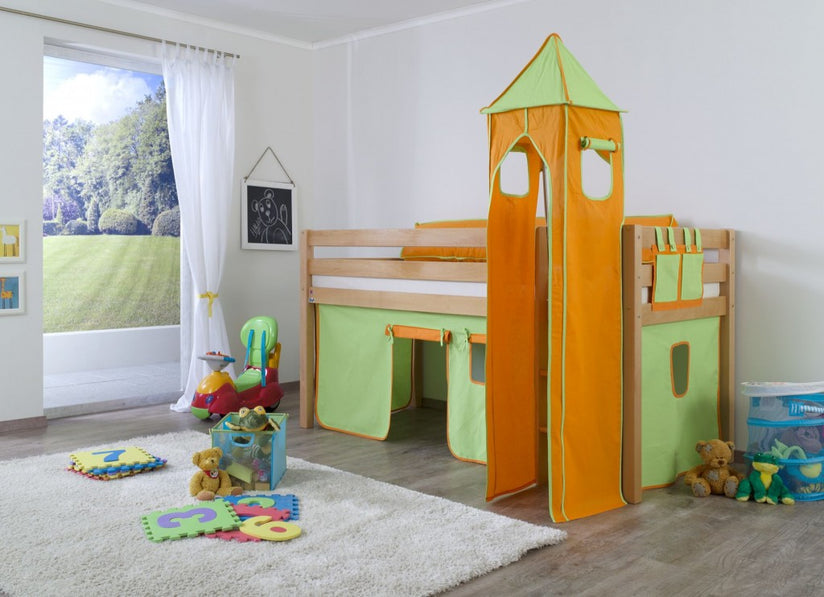 Hochbett ALEX Kinderbett Spielbett Bett Natur Stoffset Grün/Orange - Froschkönig24