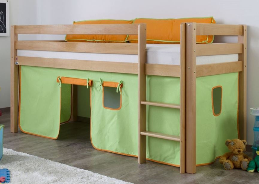 Hochbett ALEX Kinderbett Spielbett Bett Natur Stoffset Grün/Orange - Froschkönig24