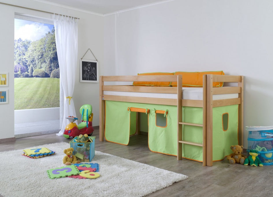 Hochbett ALEX Kinderbett Spielbett Bett Natur Stoffset Grün/Orange - Froschkönig24