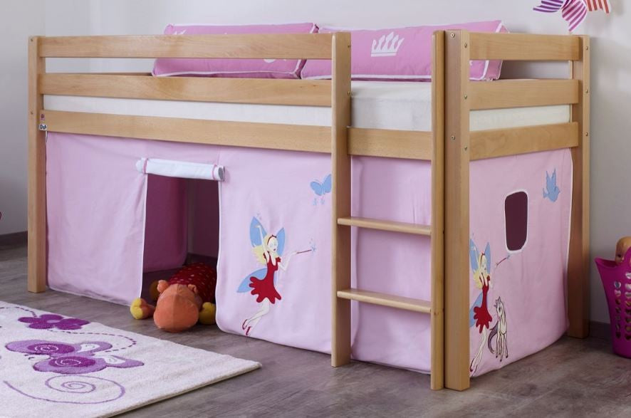 Hochbett ALEX Kinderbett Spielbett Bett Natur Stoffset Prinzessin - Froschkönig24