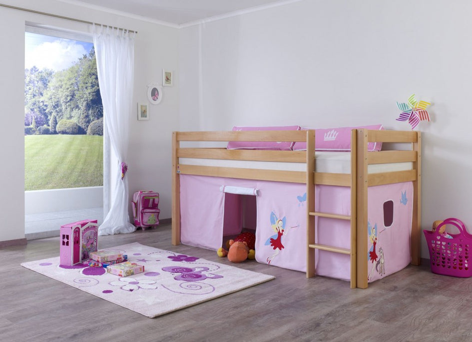 Hochbett ALEX Kinderbett Spielbett Bett Natur Stoffset Prinzessin - Froschkönig24