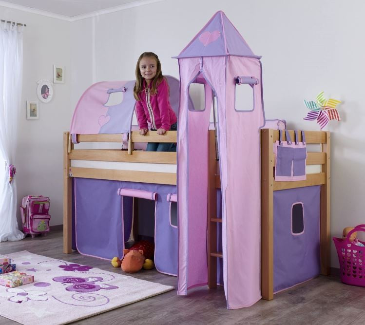 Hochbett ALEX Kinderbett Spielbett Bett Natur Stoffset Lila/Rosa - Froschkönig24