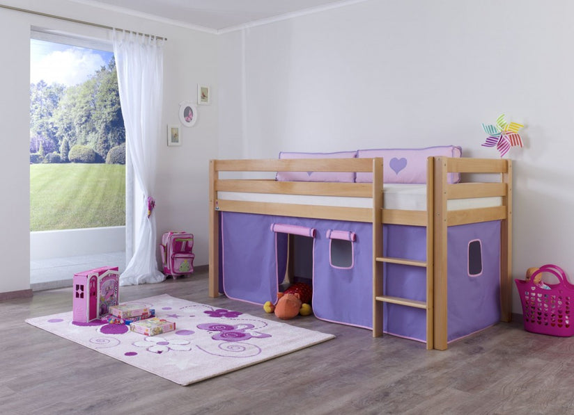 Hochbett ALEX Kinderbett Spielbett Bett Natur Stoffset Lila/Rosa - Froschkönig24