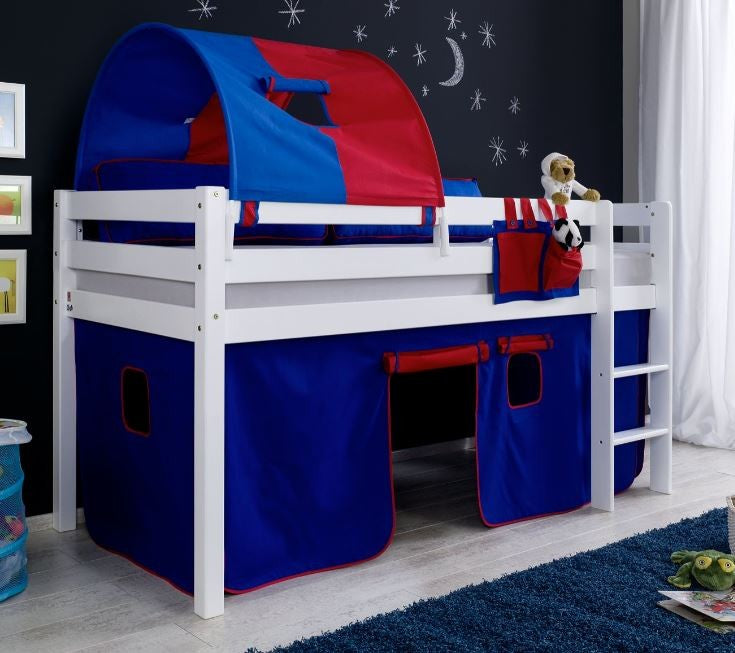 Hochbett ALEX Kinderbett Spielbett Bett Weiß Stoffset Blau/Rot - Froschkönig24