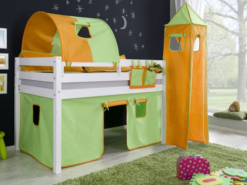 Hochbett ALEX Kinderbett Spielbett Bett Weiß Stoffset Grün/Orange - Froschkönig24