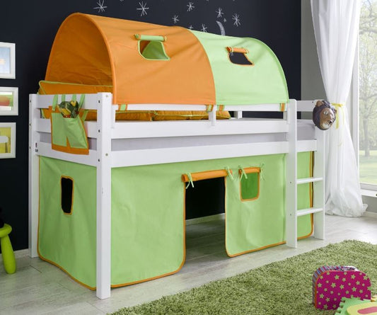 Hochbett ALEX Kinderbett Spielbett Bett Weiß Stoffset Grün/Orange - Froschkönig24