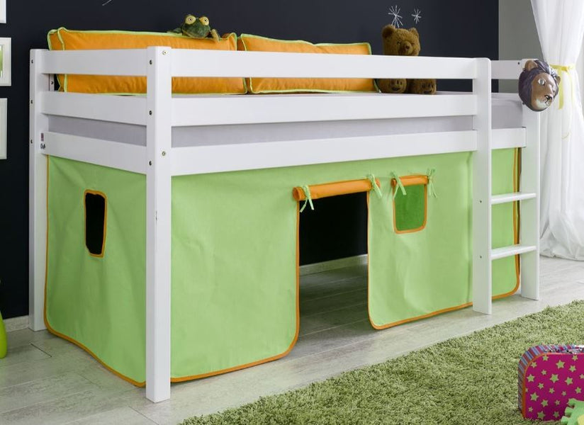 Hochbett ALEX Kinderbett Spielbett Bett Weiß Stoffset Grün/Orange - Froschkönig24