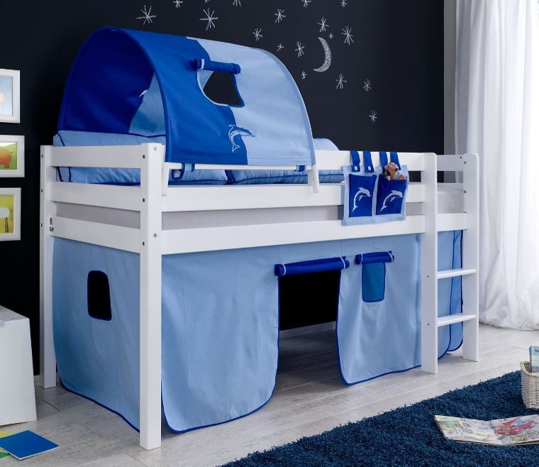 Hochbett ALEX Kinderbett Spielbett Bett Weiß Stoffset Blau/Delfin - Froschkönig24