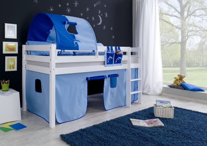 Hochbett ALEX Kinderbett Spielbett Bett Weiß Stoffset Blau/Delfin - Froschkönig24