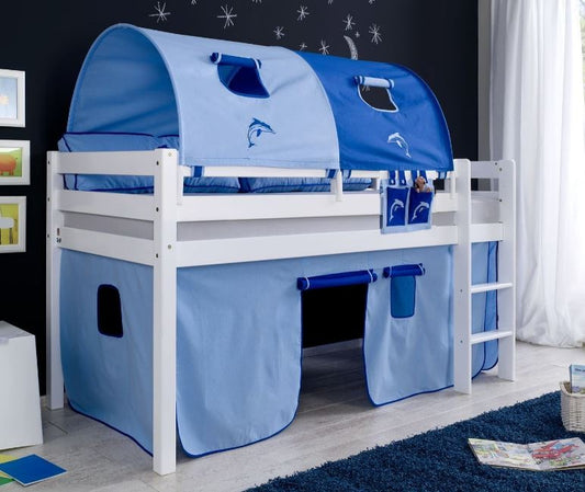 Hochbett ALEX Kinderbett Spielbett Bett Weiß Stoffset Blau/Delfin - Froschkönig24