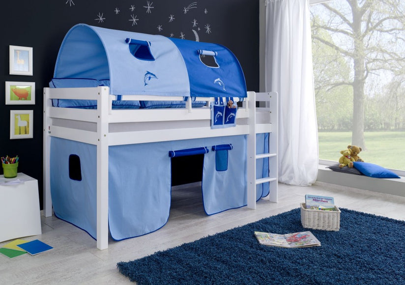 Hochbett ALEX Kinderbett Spielbett Bett Weiß Stoffset Blau/Delfin - Froschkönig24