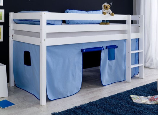 Hochbett ALEX Kinderbett Spielbett Bett Weiß Stoffset Blau/Delfin - Froschkönig24