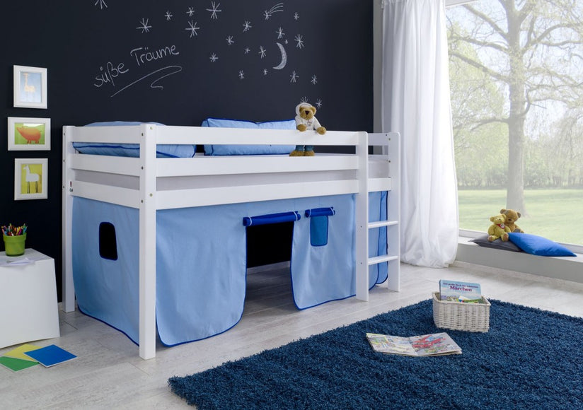 Hochbett ALEX Kinderbett Spielbett Bett Weiß Stoffset Blau/Delfin - Froschkönig24