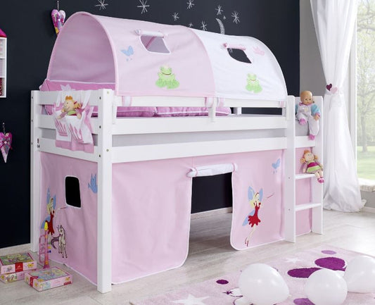 Hochbett ALEX Kinderbett Spielbett Bett Weiß Stoffset Prinzessin - Froschkönig24