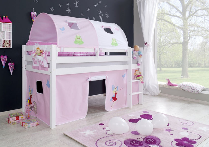 Hochbett ALEX Kinderbett Spielbett Bett Weiß Stoffset Prinzessin - Froschkönig24