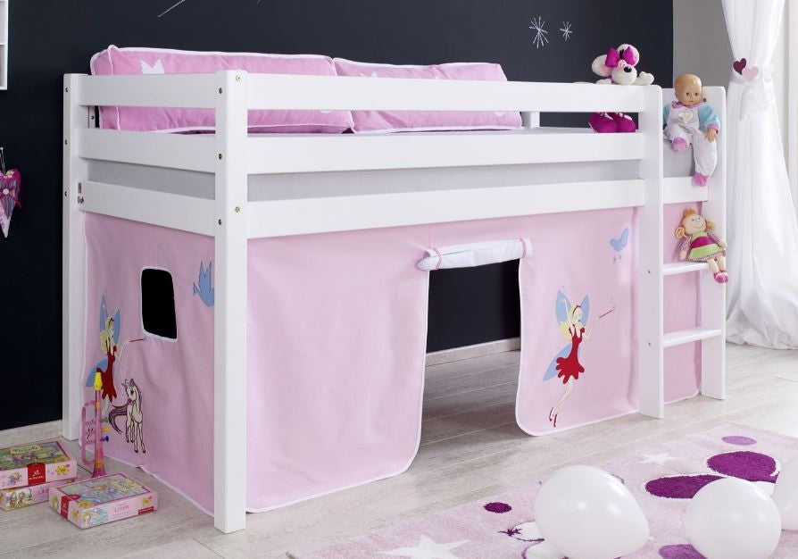 Hochbett ALEX Kinderbett Spielbett Bett Weiß Stoffset Prinzessin - Froschkönig24