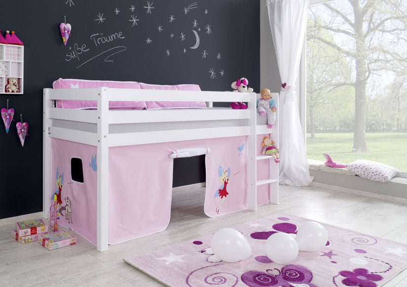 Hochbett ALEX Kinderbett Spielbett Bett Weiß Stoffset Prinzessin - Froschkönig24