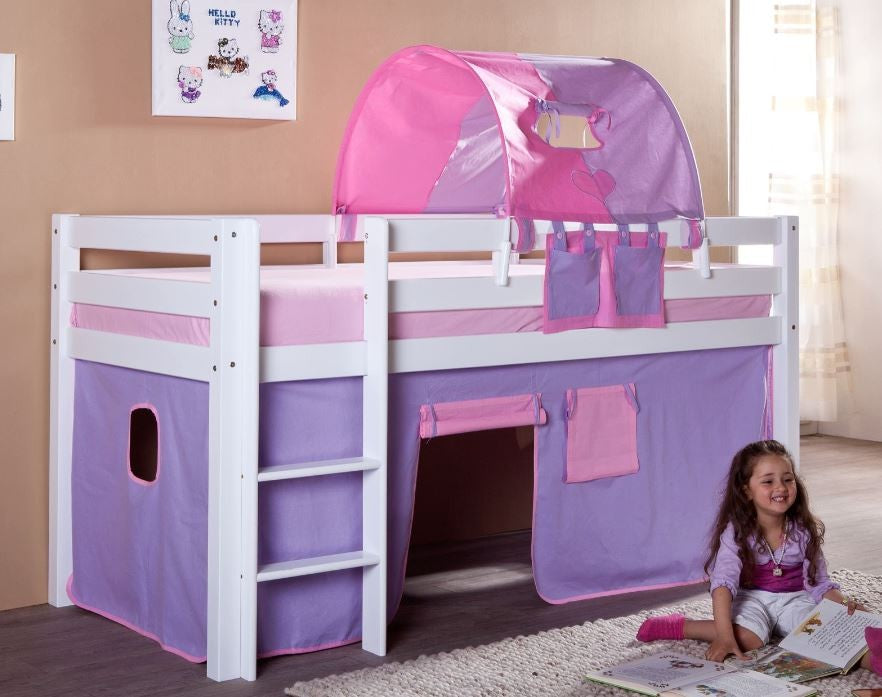 Hochbett ALEX Kinderbett Spielbett Bett Weiß Stoffset Lila/Rosa - Froschkönig24