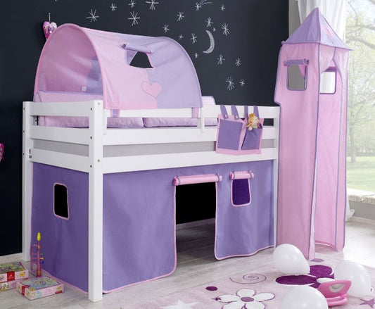 Hochbett ALEX Kinderbett Spielbett Bett Weiß Stoffset Lila/Rosa - Froschkönig24