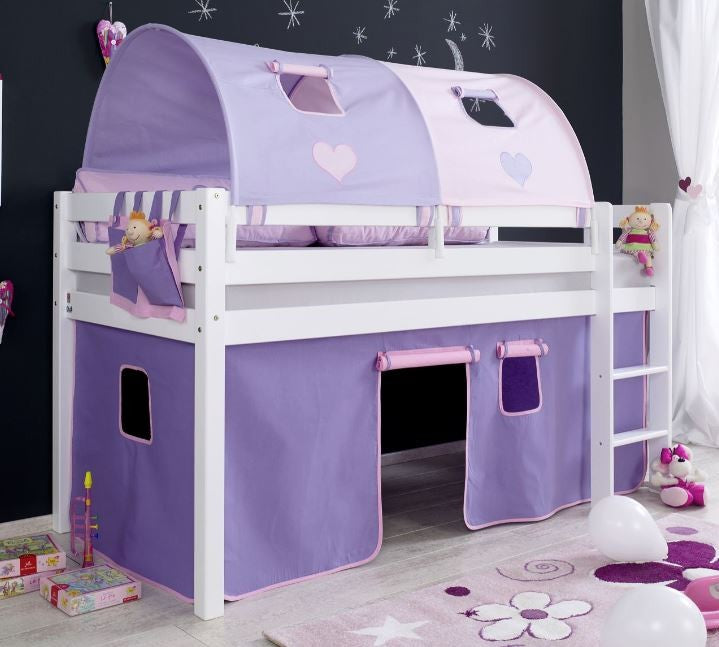 Hochbett ALEX Kinderbett Spielbett Bett Weiß Stoffset Lila/Rosa - Froschkönig24