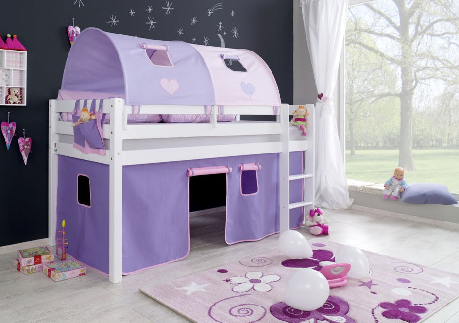 Hochbett ALEX Kinderbett Spielbett Bett Weiß Stoffset Lila/Rosa - Froschkönig24