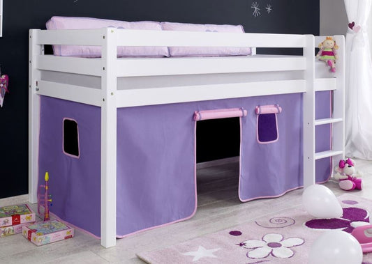 Hochbett ALEX Kinderbett Spielbett Bett Weiß Stoffset Lila/Rosa - Froschkönig24