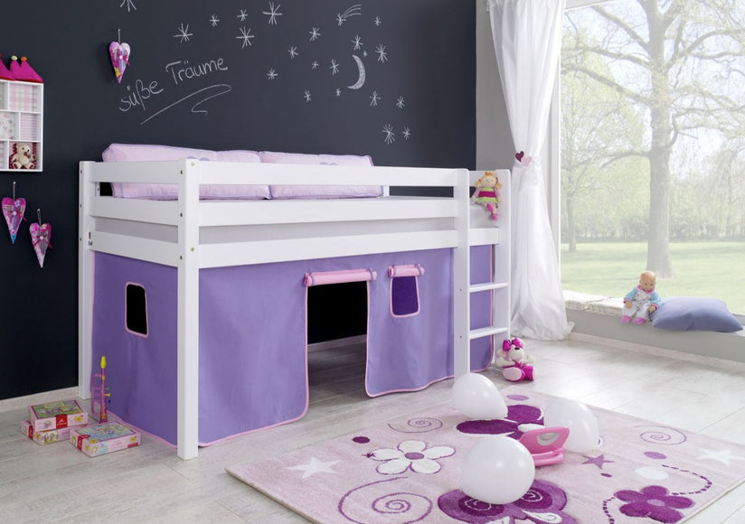 Hochbett ALEX Kinderbett Spielbett Bett Weiß Stoffset Lila/Rosa - Froschkönig24