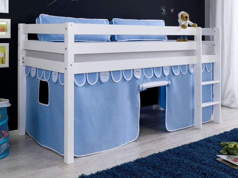 Hochbett ALEX Kinderbett Spielbett Bett Weiß Stoffset Blau/Boy - Froschkönig24