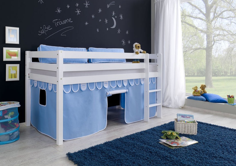 Hochbett ALEX Kinderbett Spielbett Bett Weiß Stoffset Blau/Boy - Froschkönig24