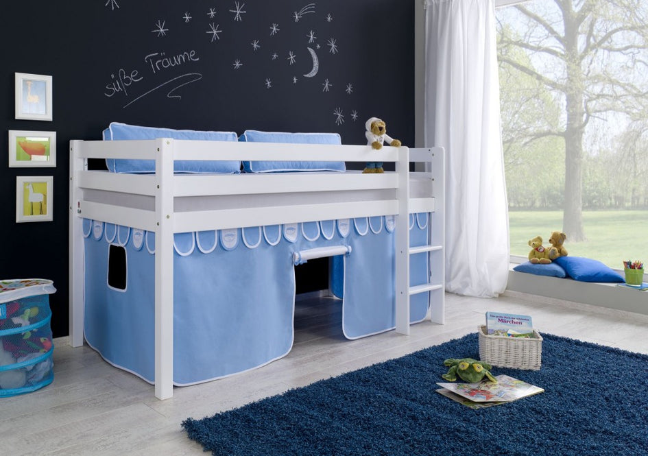 Hochbett ALEX Kinderbett Spielbett Bett Weiß Stoffset Blau/Boy - Froschkönig24