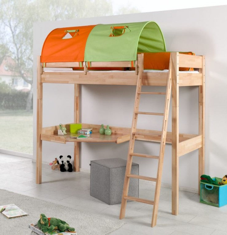 Hochbett RENATE Multifunktionsbett mit Schreibtisch Bett Buche Stoffset Grün/Orange - Froschkönig24