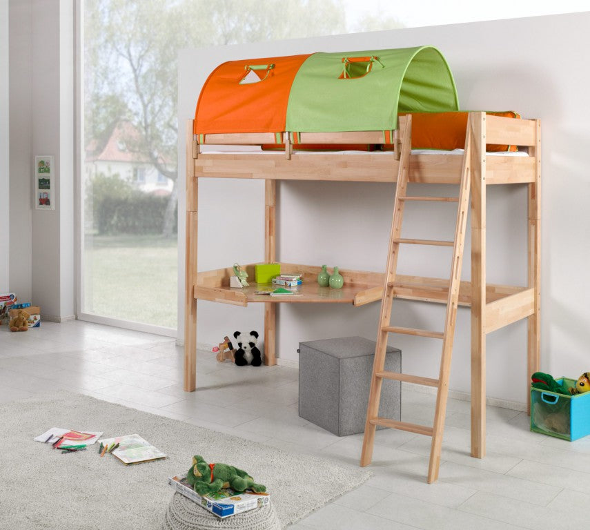 Hochbett RENATE Multifunktionsbett mit Schreibtisch Bett Buche Stoffset Grün/Orange - Froschkönig24