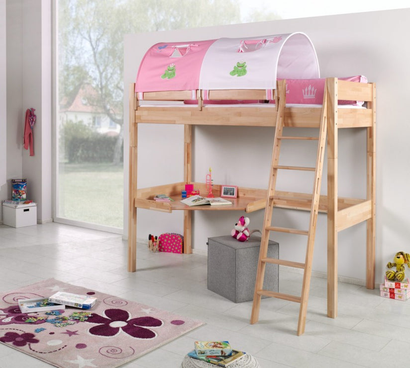 Hochbett RENATE Multifunktionsbett mit Schreibtisch Bett Buche Stoffset Prinzessin - Froschkönig24