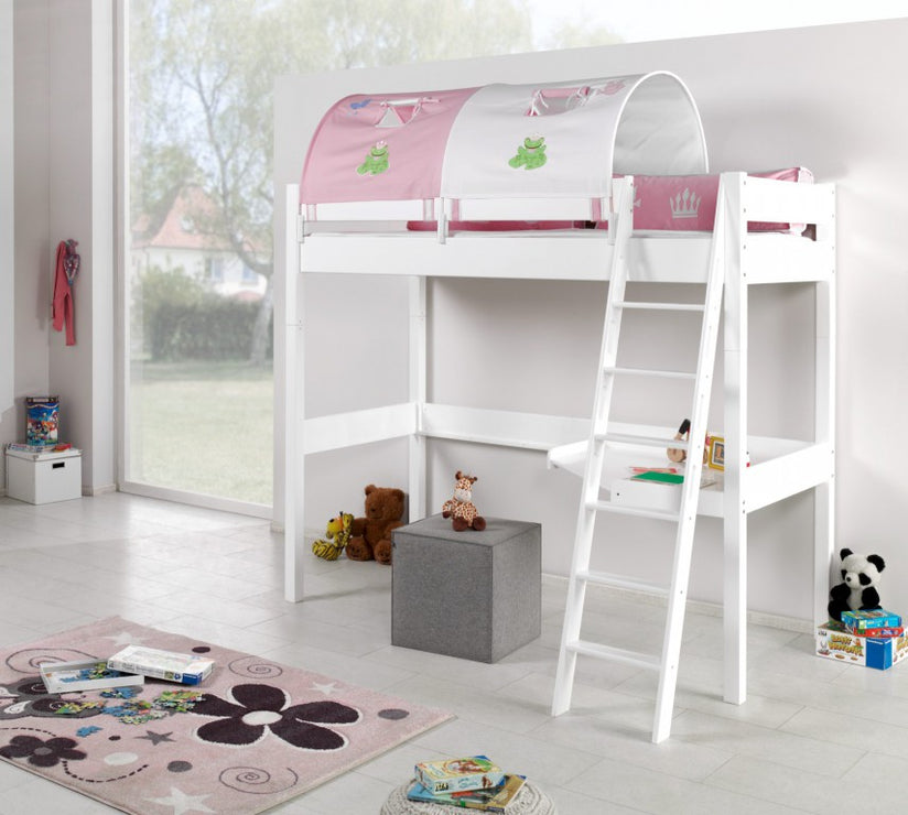 Hochbett RENATE Multifunktionsbett mit Schreibtisch Bett Weiß Stoffset Prinzessin - Froschkönig24