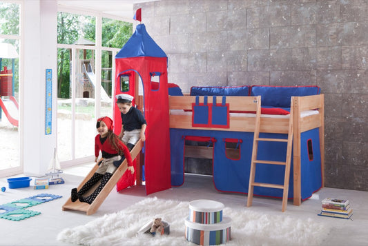 Hochbett KIM Kinderbett Spielbett Bett inklusive Rutsche Stoffset Buche Blau/Rot - Froschkönig24