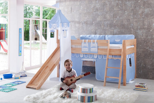 Hochbett KIM Kinderbett Spielbett Bett inklusive Rutsche Stoffset Buche Boy Blau/Weiß - Froschkönig24