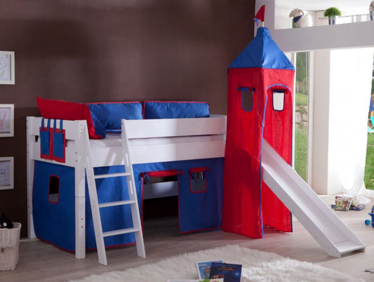 Hochbett KIM Kinderbett Spielbett Bett inklusive Rutsche Stoffset Weiß Blau/Rot - Froschkönig24