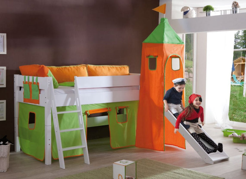 Hochbett KIM Kinderbett Spielbett Bett inklusive Rutsche Stoffset Weiß Grün/Orange - Froschkönig24