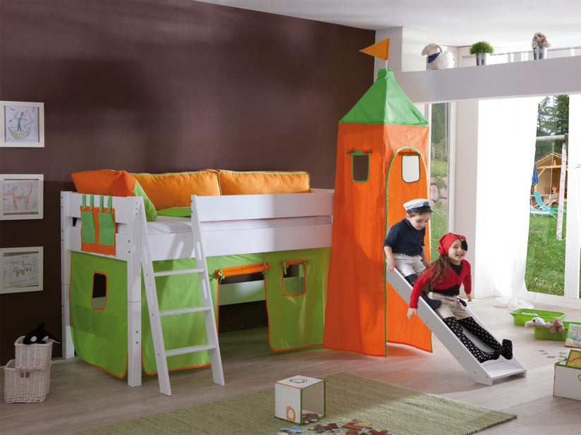 Hochbett KIM Kinderbett Spielbett Bett inklusive Rutsche Stoffset Weiß Grün/Orange - Froschkönig24