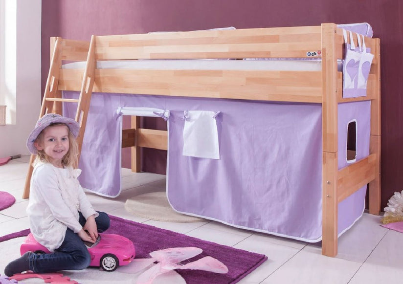 Hochbett KIM Kinderbett Spielbett Bett inklusive Stoffset Buche Herz Lila/Weiß - Froschkönig24