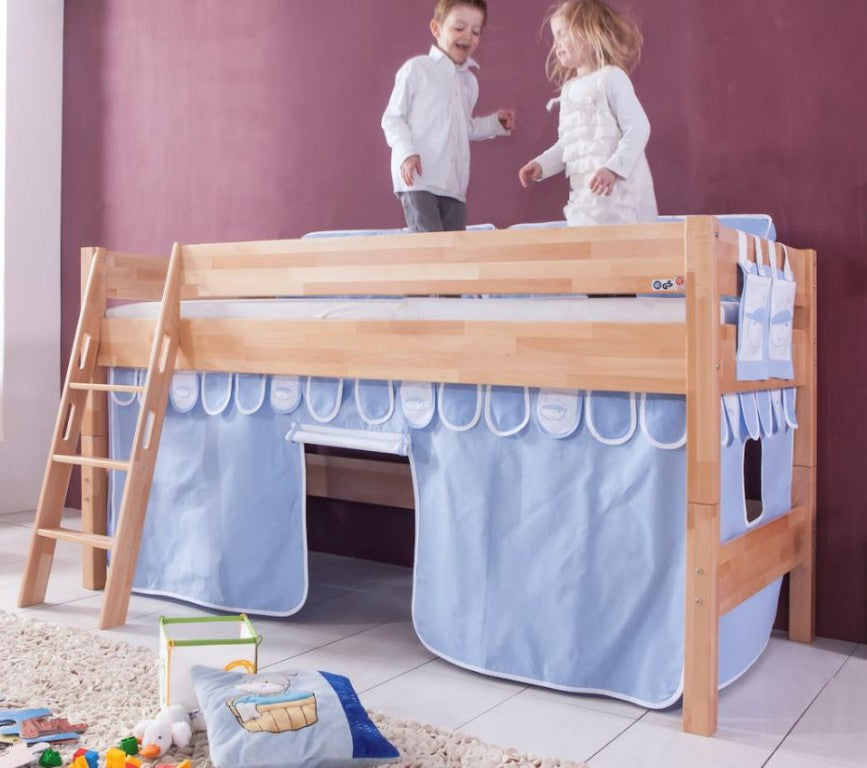 Hochbett KIM Kinderbett Spielbett Bett inklusive Stoffset Buche Boy Blau/Weiß - Froschkönig24