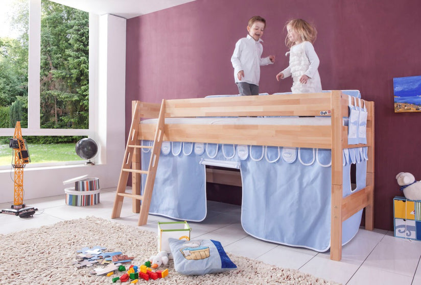 Hochbett KIM Kinderbett Spielbett Bett inklusive Stoffset Buche Boy Blau/Weiß - Froschkönig24