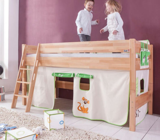 Hochbett KIM Kinderbett Spielbett Bett inklusive Stoffset Buche Dschungel Beige/Grün - Froschkönig24